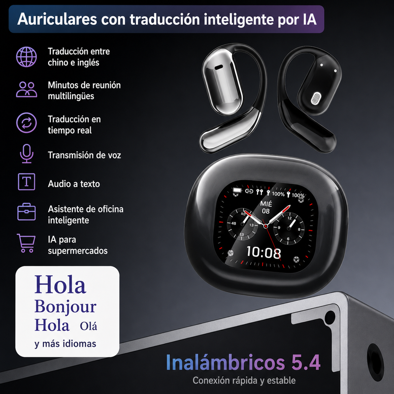 Auriculares con traducción por IA en tiempo real (144 idiomas), pantalla táctil LCD, auriculares inalámbricos OWS, sonido estéreo HiFi y diseño de oído abierto.