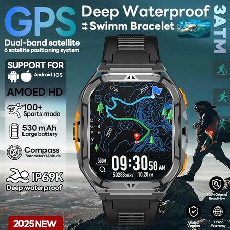 Nuevo reloj inteligente deportivo para hombre con GPS, pantalla AMOLED HD de 1,96 pulgadas, brújula, llamadas por Bluetooth y resistencia al agua 5ATM; compatible con Android e iOS.