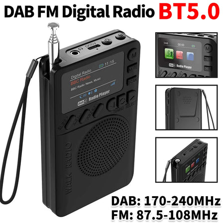 Mini radio digital DAB/FM de bolsillo con pantalla a color, toma de auriculares, Bluetooth 5.0, reproducción de MP3 y altavoz; ideal para correr y hacer deporte.