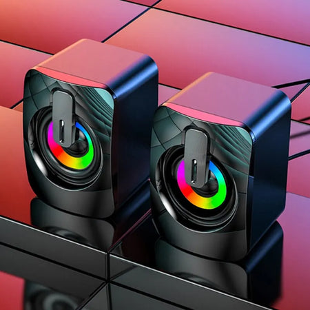 Altavoces estéreo Hi-Fi con cable USB para PC, con iluminación RGB, control de volumen y entrada auxiliar de 3,5 mm; sistema de audio de escritorio.
