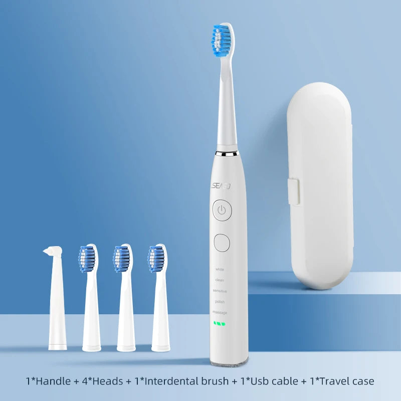 Cepillo de dientes eléctrico Seago para adultos, recargable por USB, batería de larga duración (360 días), resistente al agua IPX7, incluye 4 cabezales de repuesto y estuche de viaje (modelo SG-575)