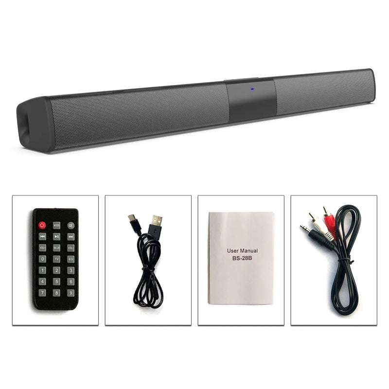 Barra de sonido XIKCU con Bluetooth 5.3, sonido estéreo y envolvente para cine en casa; incluye mando a distancia y compatibilidad con RCA, AUX y tarjeta TF.
