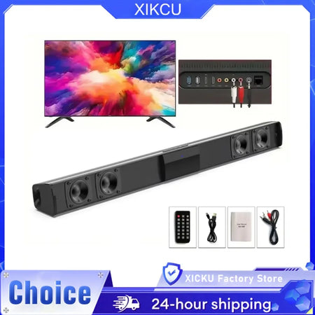 Barra de sonido XIKCU con Bluetooth 5.3, sonido estéreo y envolvente para cine en casa; incluye mando a distancia y compatibilidad con RCA, AUX y tarjeta TF.