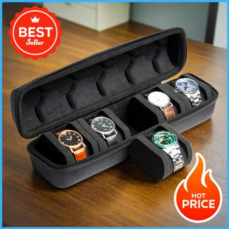 Estuche para 5 relojes | Organizador de viaje rígido con almohadillas interiores - Listo para regalar (Negro), apto para guardar relojes inteligentes.